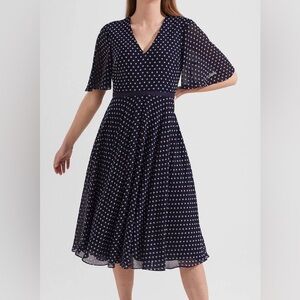 Hobbs London Spot Celia Fit & Flare Navy Polka Dot Midi Dress - size 14